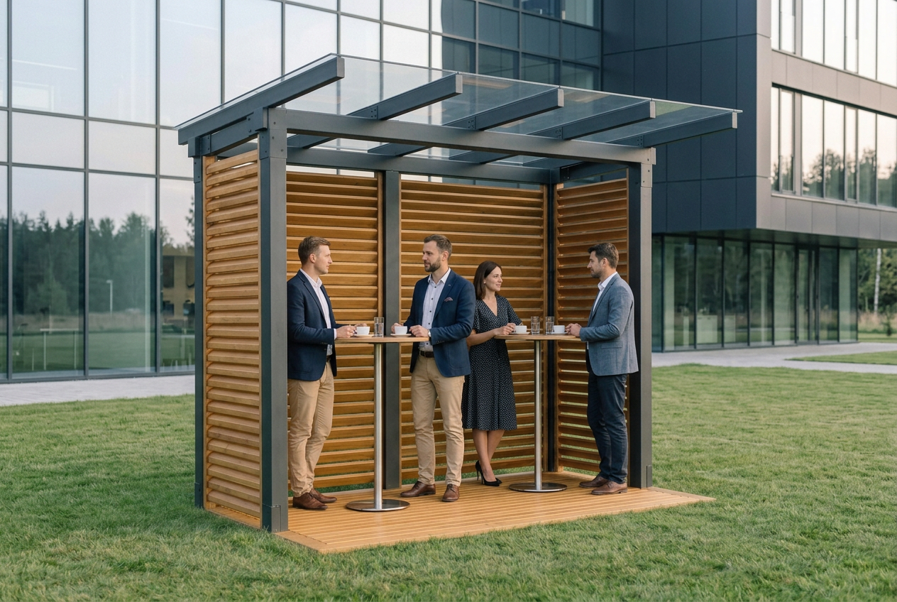 Compact kaip lauko pertraukų zona ant žolės prie įmonės pastato.